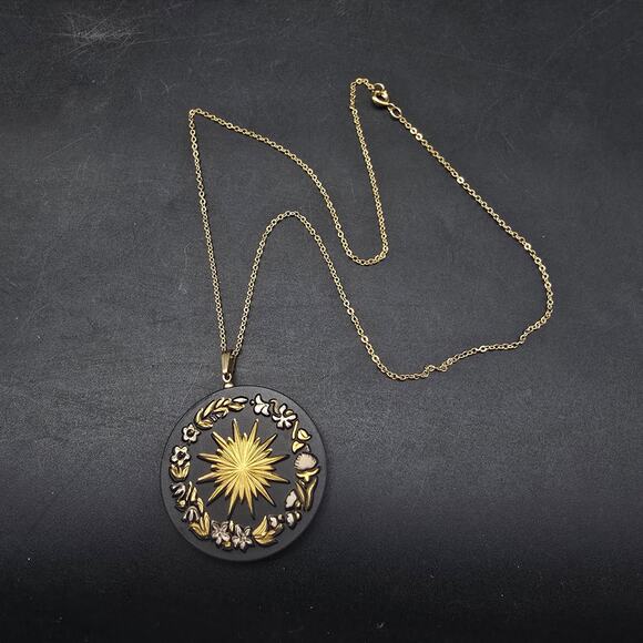 Franklin Mint Midnight Sun Pendant Necklace Damascene Black Sun - Picture 6 of 7